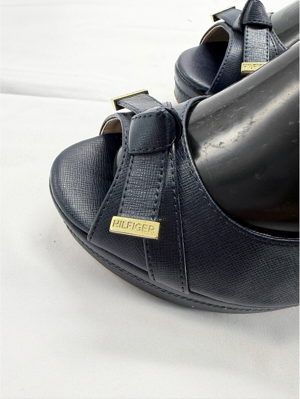Tommy Hilfiger Twkarra Wedge Sandals Navy Blue Peep Toe Slingback Womens 8M - Picture 2 of 9